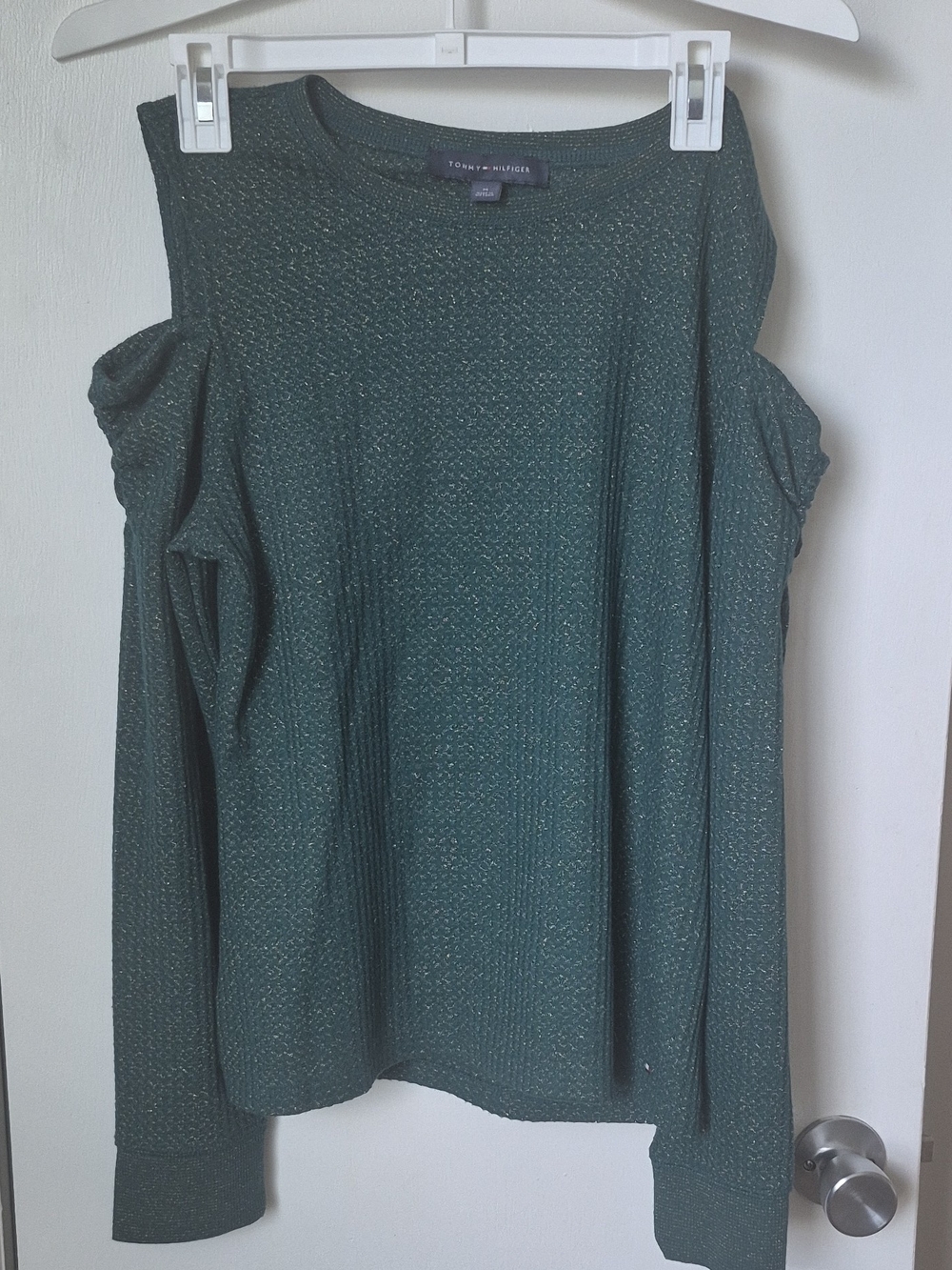 Tommy Hilfiger Green Metallic Cold-Shoulder Sweater